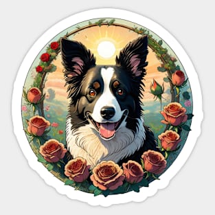 Happy Border Collie Rose Wreath Sticker